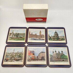 Vintage Pimpernel Coasters Cork Backed Set of 6 London Scenes w/Box Navy Border